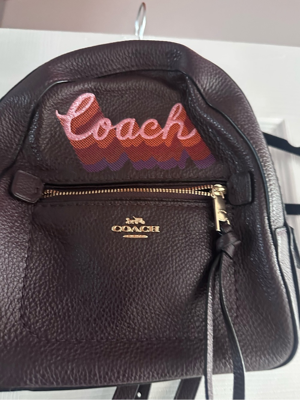Coach Dark Brown Pebbled Leather Backpack with Multicolor Logo